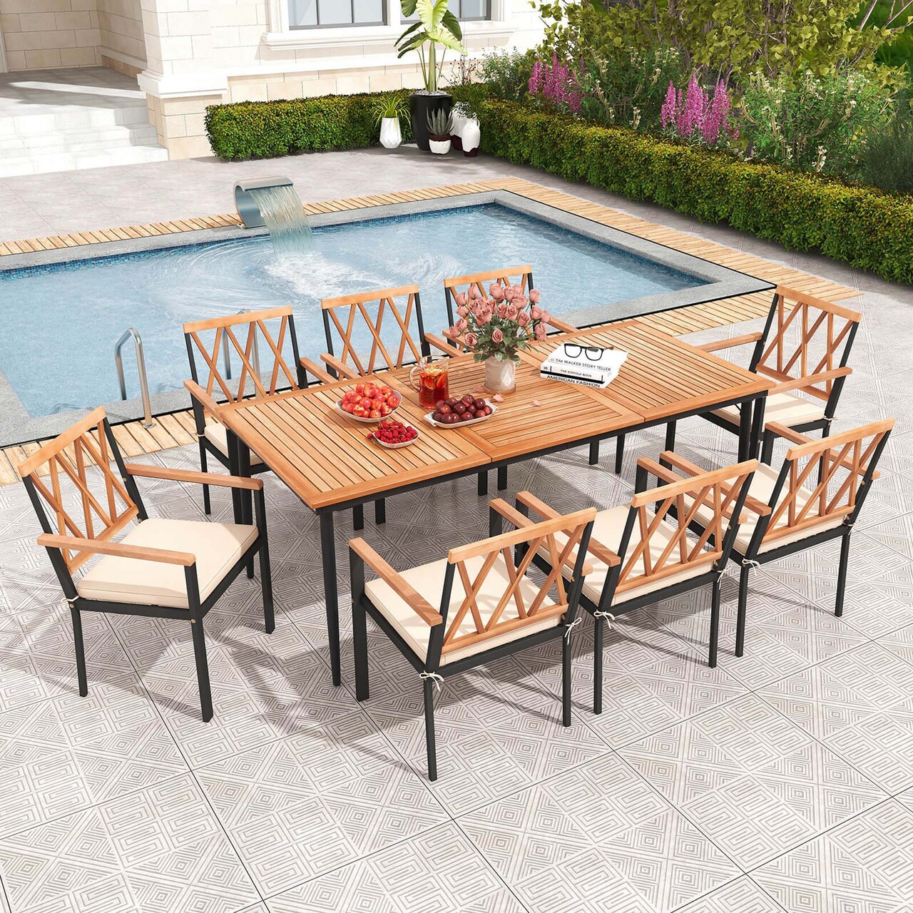 Costway 9 PCS Patio Dining Set Table with 1.9" Umbrella Hole & 8 Dining Chairs Outdoor